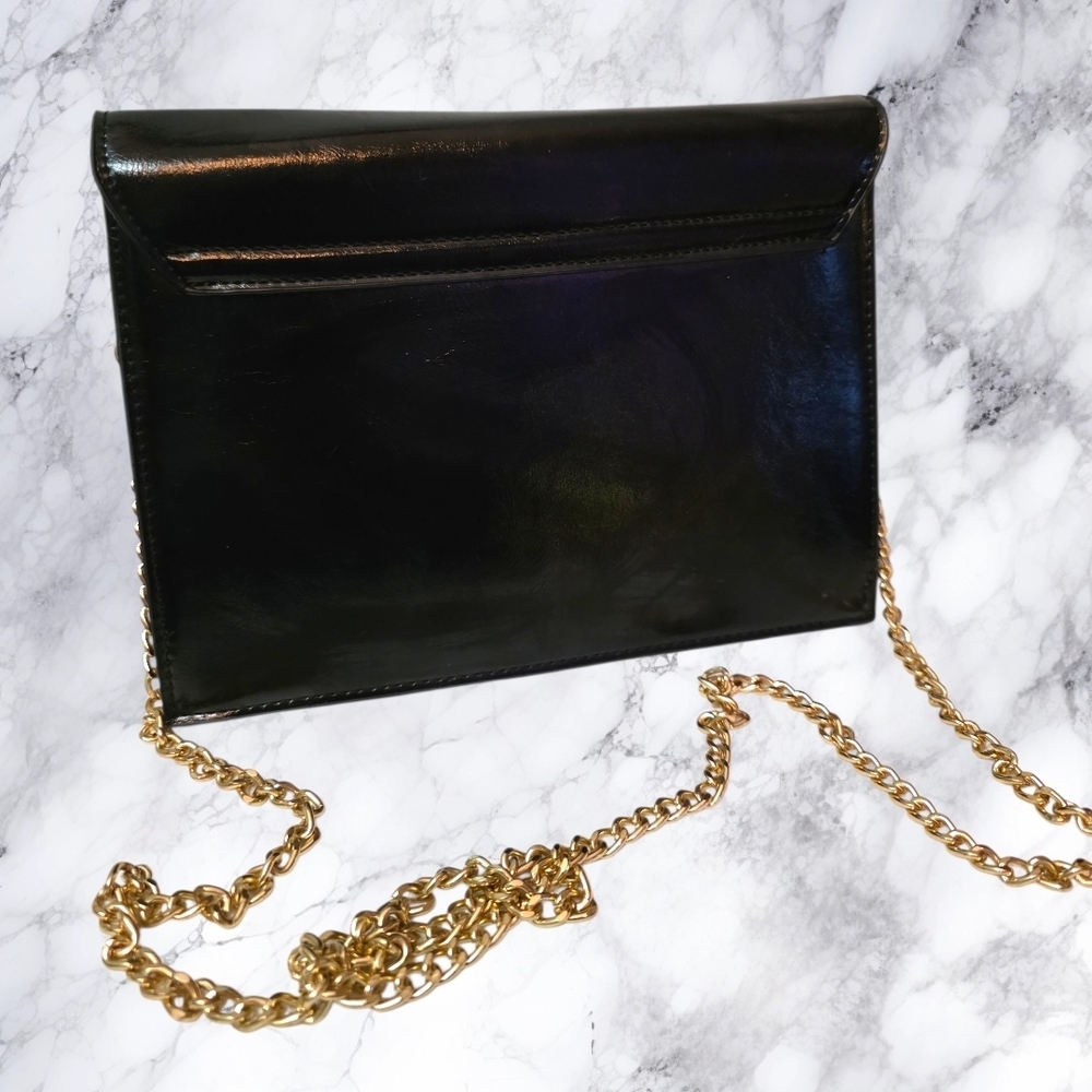 Kensie Black Leather Clutch Crossbody Gold Chain Evening Bag Minimalist Chic - Picture 12 of 16